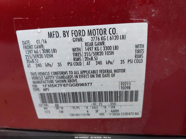 1FM5K7F87GGB98577 Ford Explorer Limited