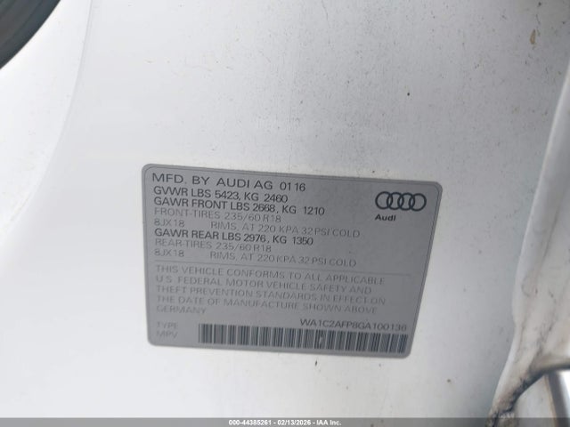 2016 Audi Q5 2.0t Premium მანქანა იყიდება აუქციონზე, vin: WA1C2AFP8GA100136, აუქციონის ნომერი: 44385261