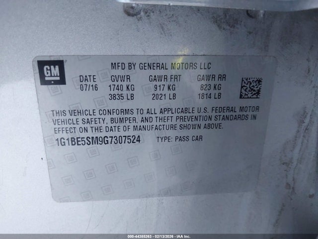 1G1BE5SM9G7307524 Chevrolet Cruze Lt Auto