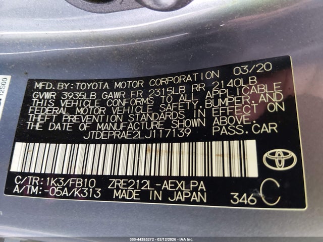JTDEPRAE2LJ117139 Toyota COROLLA LE