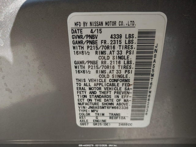 JN8AS5MT6FW662336 Nissan Rogue Select S