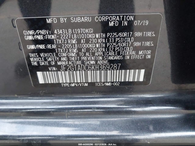 JF2GTADC6KH369287 Subaru Crosstrek 2.0i Premium