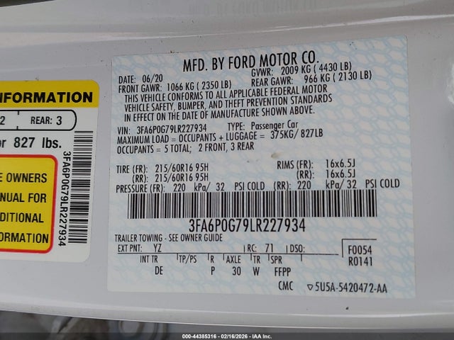 Ford FUSION S 2020 3FA6P0G79LR227934 Image 9