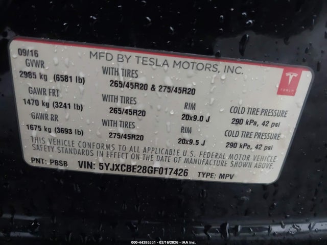 2016 Tesla Model X 60d/70d/75d/90d/p100d მანქანა იყიდება აუქციონზე, vin: 5YJXCBE28GF017426, აუქციონის ნომერი: 44385331