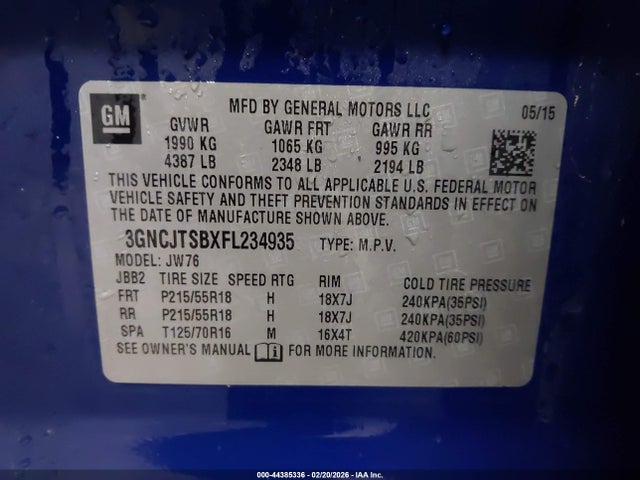 44385336 :رقم المزاد ، 3GNCJTSBXFL234935 vin ، 2015 Chevrolet Trax Ltz مزاد بيع