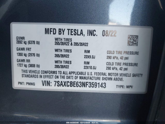 2022 TESLA MODEL X 7SAXCBE63NF359143 Photo 8