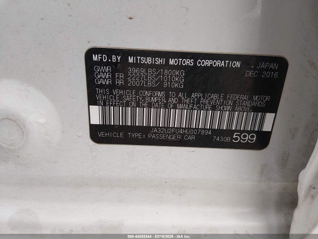 Aukcja sprzedaży 2017 Mitsubishi Lancer Es, vin: JA32U2FU4HU007894, numer aukcji: 44385344