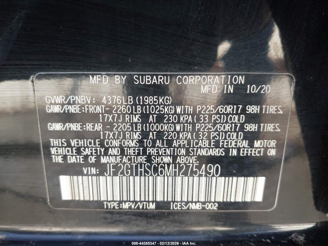2021 Subaru Crosstrek Sport მანქანა იყიდება აუქციონზე, vin: JF2GTHSC6MH275490, აუქციონის ნომერი: 44385347