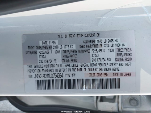 Aukcja sprzedaży 2020 Mazda Cx-5 Touring, vin: JM3KFACM1L0754984, numer aukcji: 44385396