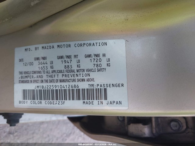 Продаж на аукціоні авто 2001 Mazda Protege Es/lx, vin: JM1BJ225910412686, номер лоту: 44385397