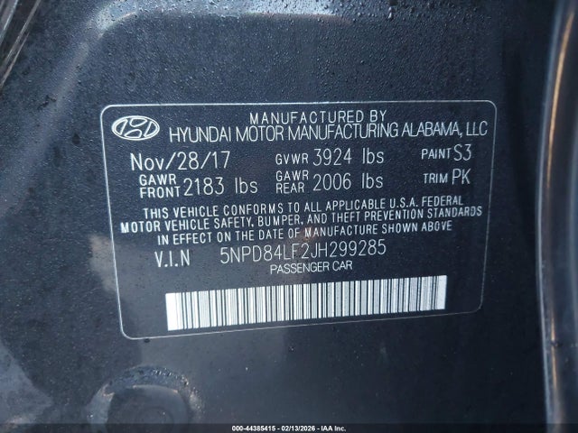 2018 Hyundai Elantra Limited მანქანა იყიდება აუქციონზე, vin: 5NPD84LF2JH299285, აუქციონის ნომერი: 44385415
