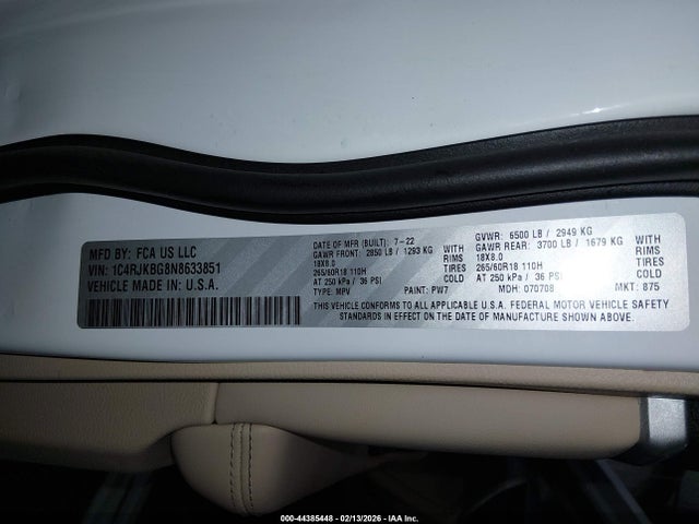 1C4RJKBG8N8633851 Jeep Grand Cherokee L Limited 4x4