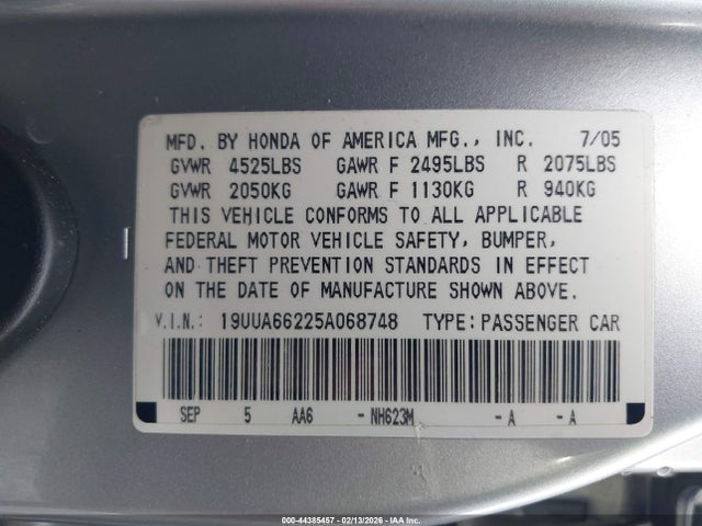 Aukcja sprzedaży 2005 Acura Tl, vin: 19UUA66225A068748, numer aukcji: 44385457