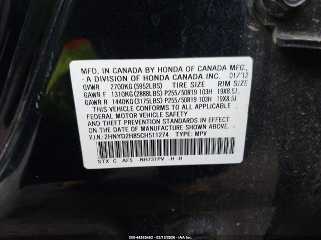 44385462 :رقم المزاد ، 2HNYD2H85CH511274 vin ، 2012 Acura Mdx Advance Package مزاد بيع
