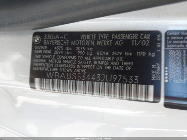 44385478 :رقم المزاد ، WBABS53443JU97533 vin ، 2003 Bmw 330ci مزاد بيع