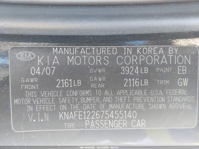 Aukcja sprzedaży 2007 Kia Spectra Ex, vin: KNAFE122675455140, numer aukcji: 44385492