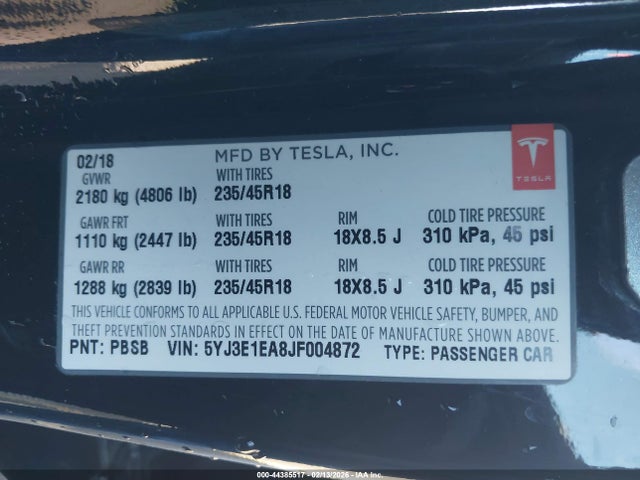 Продаж на аукціоні авто 2018 Tesla Model 3 Long Range/mid Range, vin: 5YJ3E1EA8JF004872, номер лоту: 44385517