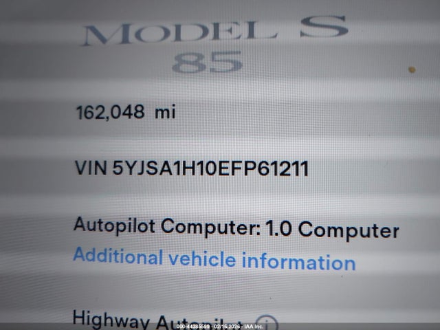 Продажа на аукционе авто 2014 Tesla Model S P85, vin: 5YJSA1H10EFP61211, номер лота: 44385599