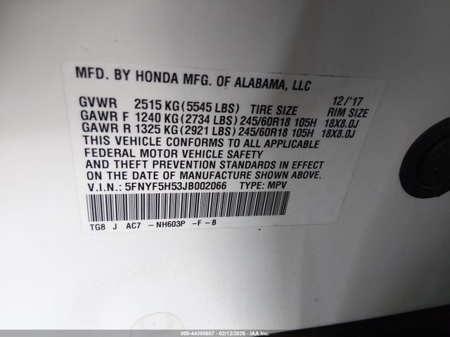 Honda Pilot Ex-l 2018 5FNYF5H53JB002066 Image 9