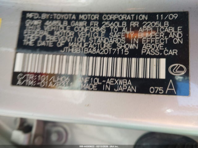 44385622 :رقم المزاد ، JTHBB1BA8A2017115 vin ، 2010 Lexus Hs 250h Premium مزاد بيع