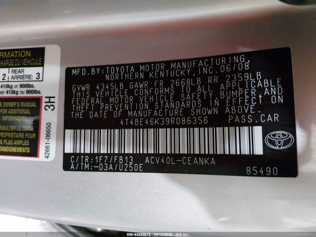 Продаж на аукціоні авто 2009 Toyota Camry Le, vin: 4T4BE46K39R086356, номер лоту: 44385675