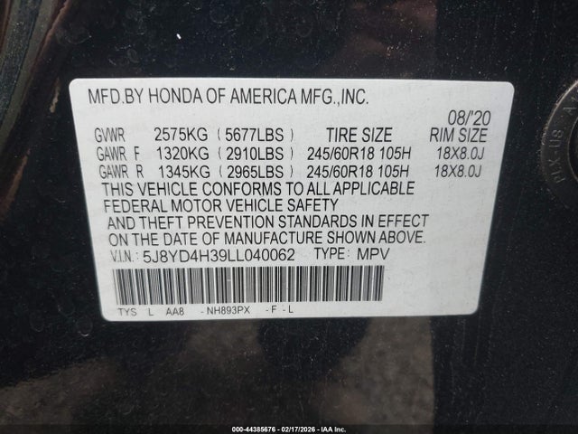 2020 Acura Mdx Standard მანქანა იყიდება აუქციონზე, vin: 5J8YD4H39LL040062, აუქციონის ნომერი: 44385676