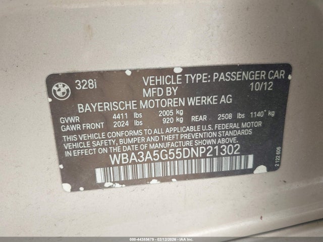 44385679 :رقم المزاد ، WBA3A5G55DNP21302 vin ، 2013 Bmw 328i مزاد بيع