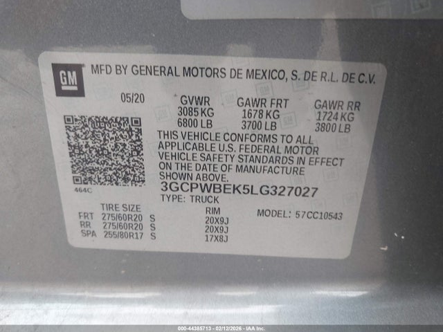 2020 Chevrolet Silverado 1500 2wd  Short Bed Custom მანქანა იყიდება აუქციონზე, vin: 3GCPWBEK5LG327027, აუქციონის ნომერი: 44385713