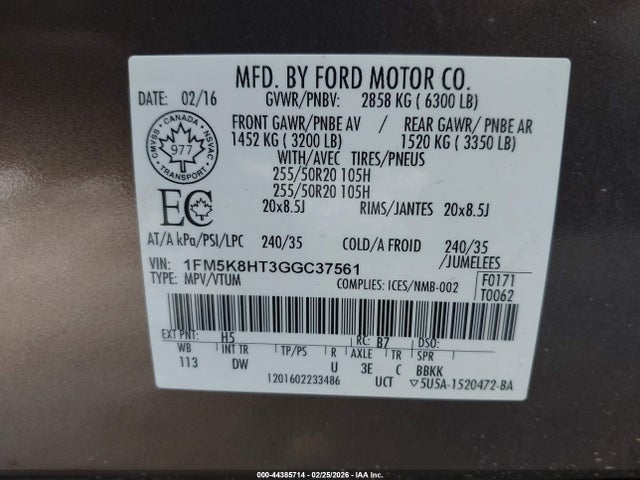 1FM5K8HT3GGC37561 Ford Explorer Platinum