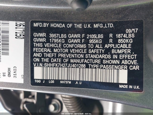 SHHFK7H27JU401288 Honda Civic Lx