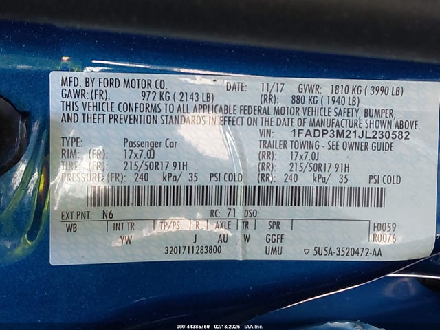 1FADP3M21JL230582 Ford FOCUS SEL