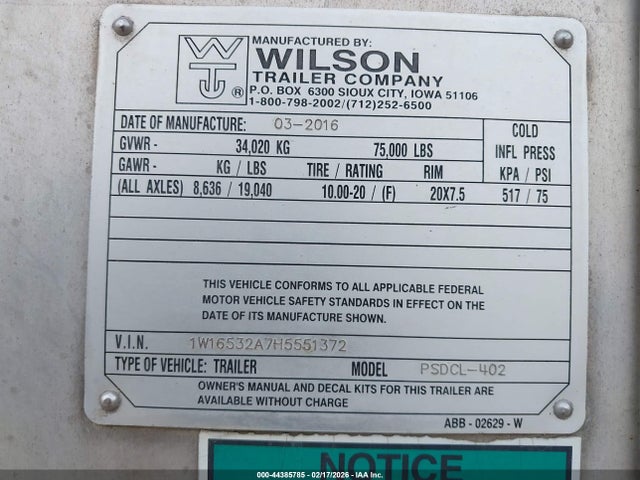 Aukcja sprzedaży 2017 Wilson Trailer Co Livestock Trailer, vin: 1W16532A7H5551372, numer aukcji: 44385785