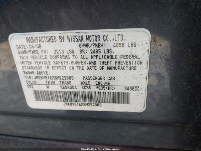 44385829 :رقم المزاد ، JNKBV61EX8M222989 vin ، 2008 Infiniti G35 Journey مزاد بيع