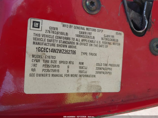 Продаж на аукціоні авто 1998 Chevrolet C1500 Fleetside W/t, vin: 1GCEC14W2WZ262706, номер лоту: 44385854