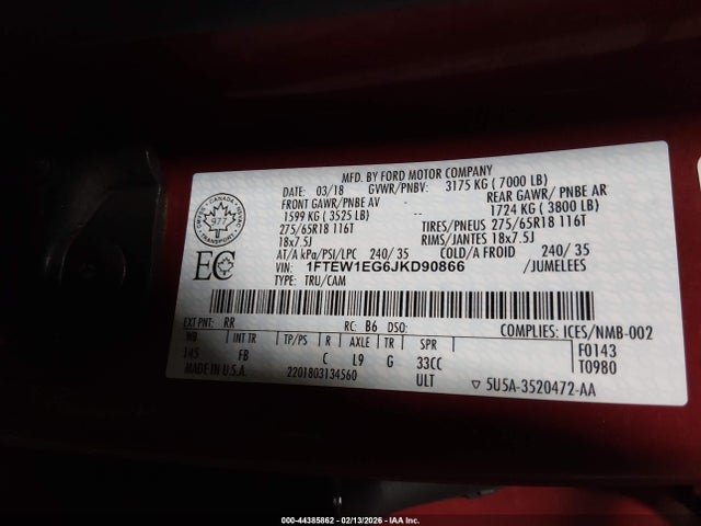 1FTEW1EG6JKD90866 Ford F-150 Xlt