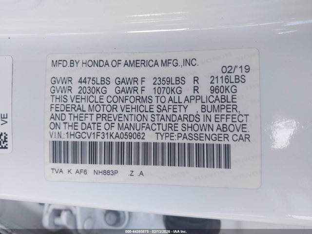 2019 HONDA ACCORD 1HGCV1F31KA059062 Photo 8