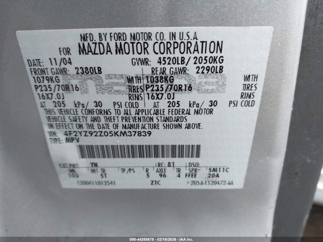 2005 Mazda Tribute I მანქანა იყიდება აუქციონზე, vin: 4F2YZ92Z05KM37839, აუქციონის ნომერი: 44385878