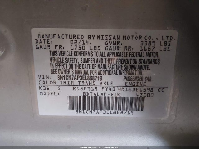 3N1CN7AP3EL868719 Nissan Versa 1.6 S