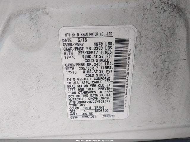 44385929 :رقم المزاد ، JN8AT2MV2GW132377 vin ، 2016 Nissan Rogue Sv مزاد بيع