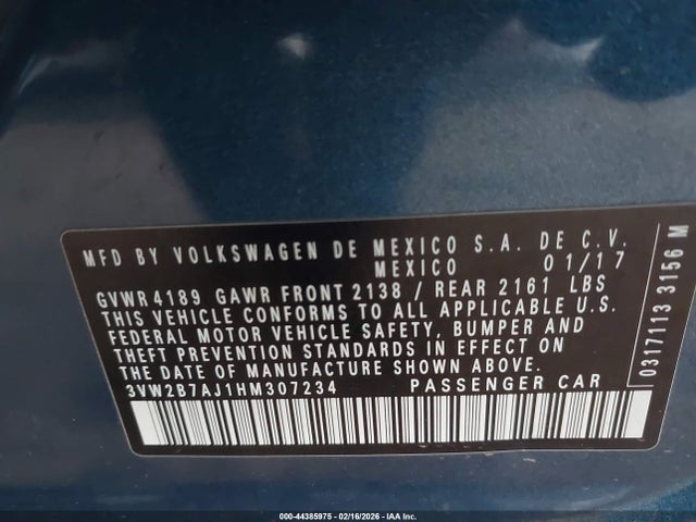 Aukcja sprzedaży 2017 Volkswagen Jetta 1.4t S, vin: 3VW2B7AJ1HM307234, numer aukcji: 44385975