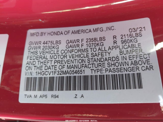 1HGCV1F32MA054651 Honda Accord Sport