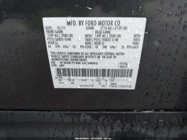 Aukcja sprzedaży 2015 Ford Explorer Limited, vin: 1FM5K7F89FGC39662, numer aukcji: 44386053
