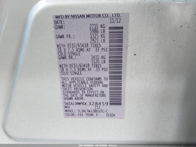 44386085 :رقم المزاد ، 5N1AL0MM9DC328459 vin ، 2013 Infiniti Jx35 مزاد بيع