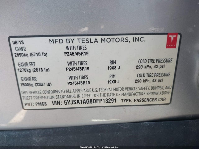 2013 Tesla Model S მანქანა იყიდება აუქციონზე, vin: 5YJSA1AG8DFP13291, აუქციონის ნომერი: 44386115