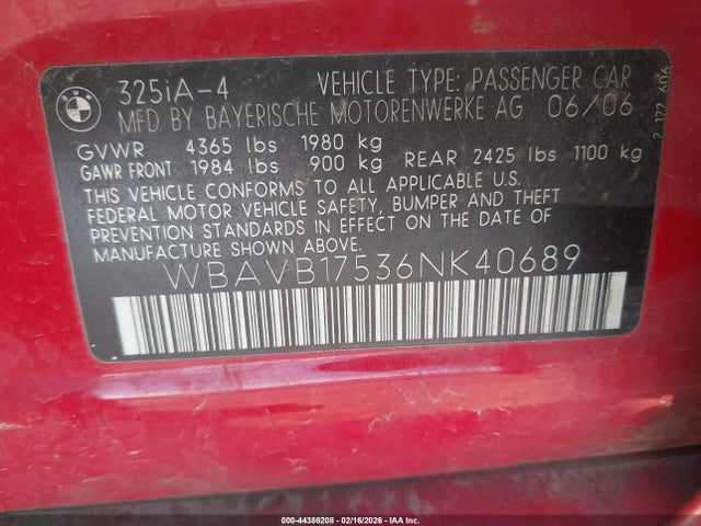 44386208 :رقم المزاد ، WBAVB17536NK40689 vin ، 2006 Bmw 325i مزاد بيع