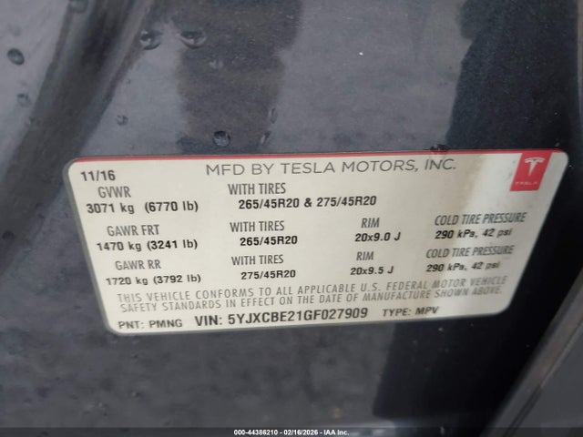 Продажа на аукционе авто 2016 Tesla Model X 60d/70d/75d/90d/p100d, vin: 5YJXCBE21GF027909, номер лота: 44386210