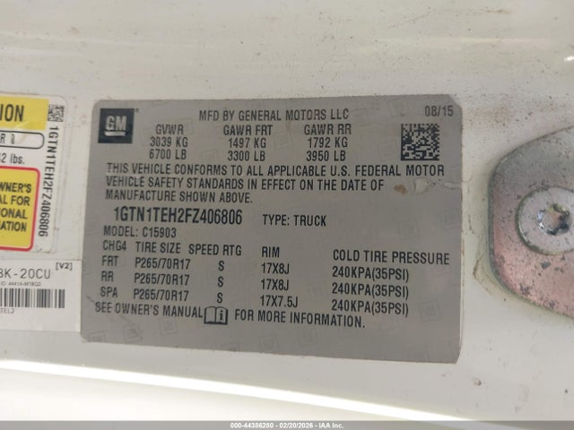 Продаж на аукціоні авто 2015 Gmc Sierra 1500, vin: 1GTN1TEH2FZ406806, номер лоту: 44386280