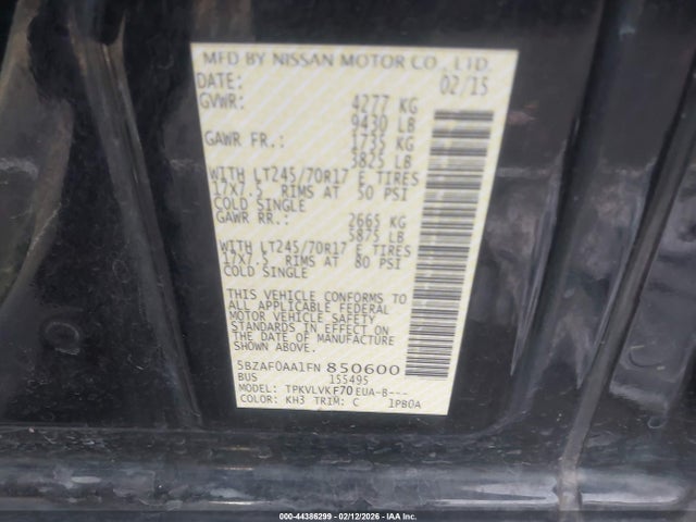 5BZAF0AA1FN850600 Nissan Nv Passenger Nv3500 Hd Sl V8