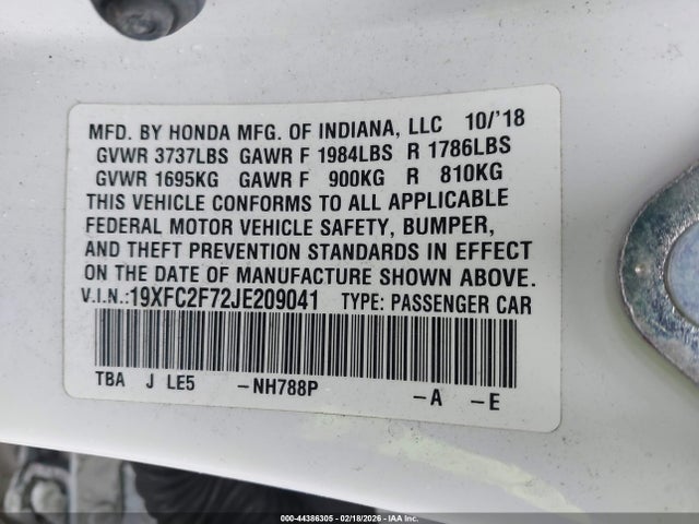 44386305 :رقم المزاد ، 19XFC2F72JE209041 vin ، 2018 Honda Civic Ex مزاد بيع