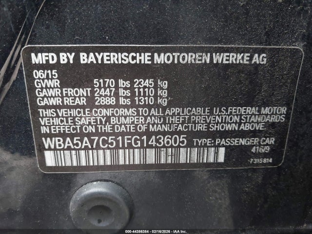 44386384 :رقم المزاد ، WBA5A7C51FG143605 vin ، 2015 Bmw 528i Xdrive مزاد بيع